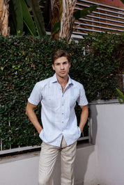 Camisa Guayabera de Mezcla de Algodón para Hombre, Manga Corta, con Estampado de Micro Cuadros