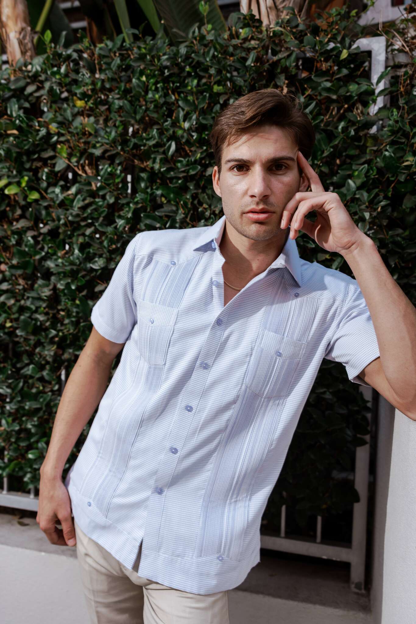 Camisa Guayabera de Mezcla de Algodón para Hombre, Manga Corta, con Estampado de Micro Cuadros