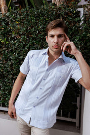 Camisa Guayabera de Mezcla de Algodón para Hombre, Manga Corta, con Estampado de Micro Cuadros