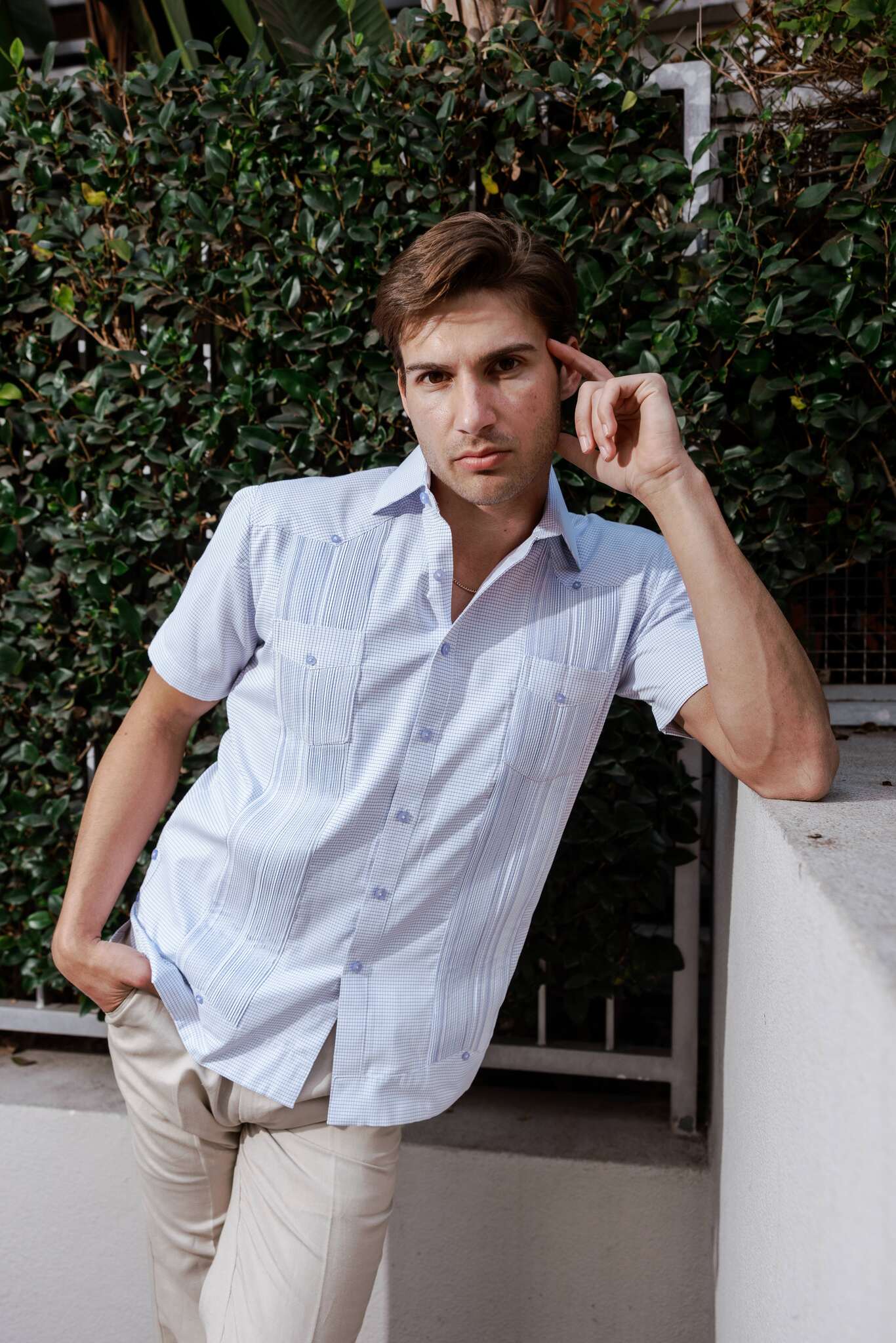 Camisa Guayabera de Mezcla de Algodón para Hombre, Manga Corta, con Estampado de Micro Cuadros