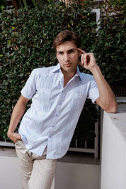 Camisa Guayabera de Mezcla de Algodón para Hombre, Manga Corta, con Estampado de Micro Cuadros