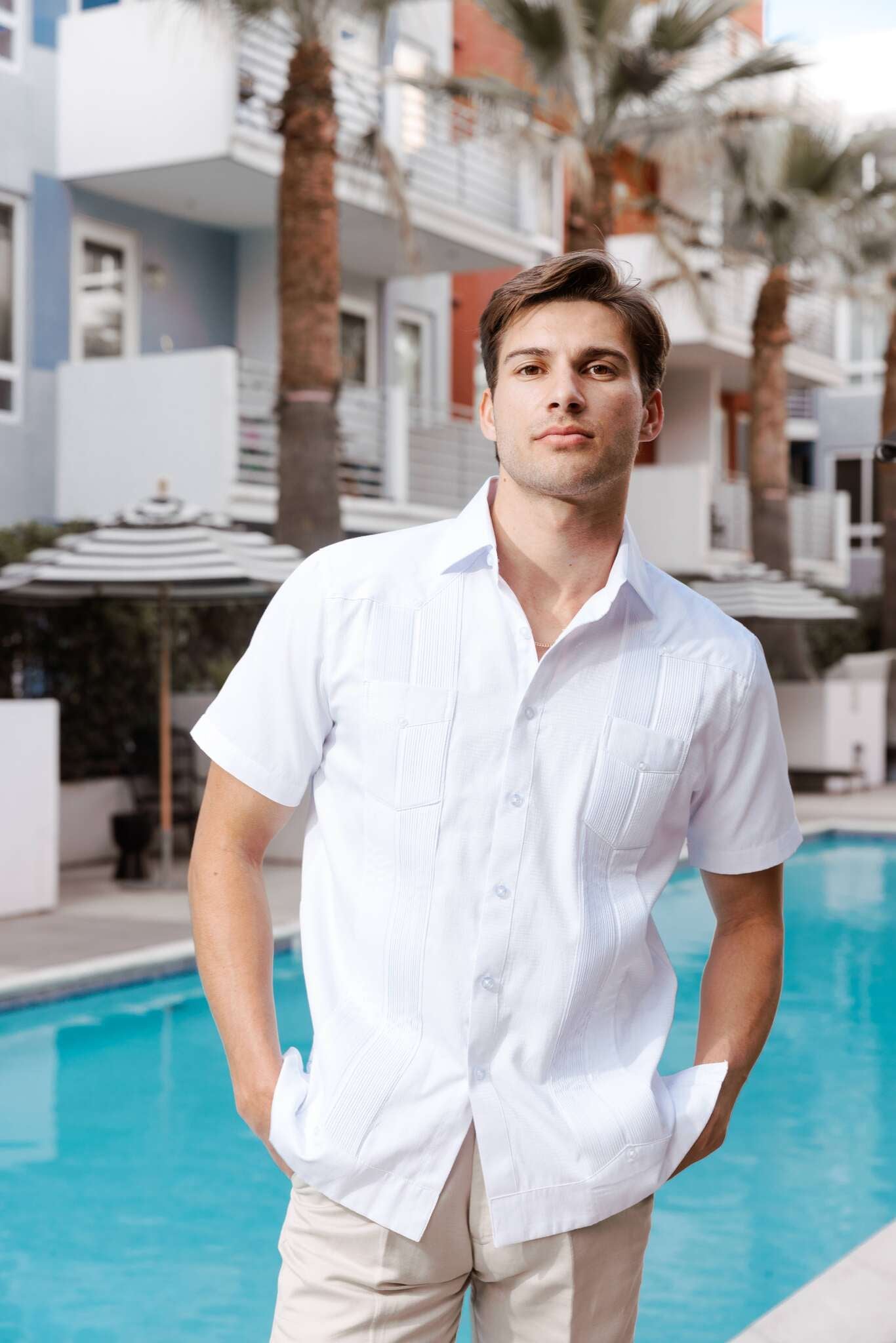 Camisa Guayabera de Mezcla de Algodón para Hombre, Manga Corta, con Estampado de Micro Cuadros