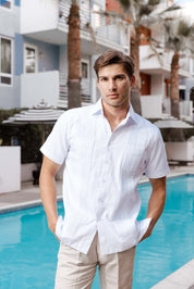 Camisa Guayabera de Mezcla de Algodón para Hombre, Manga Corta, con Estampado de Micro Cuadros