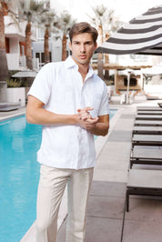 Camisa Guayabera de Mezcla de Algodón para Hombre, Manga Corta, con Estampado de Micro Cuadros