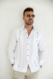 Camisa Guayabera para Hombre 100% Lino con Ribete en Contraste Manga Larga y Puño Francés