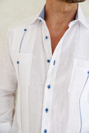 Camisa Guayabera para Hombre 100% Lino con Ribete en Contraste Manga Larga y Puño Francés