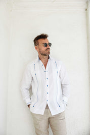 Camisa Guayabera para Hombre 100% Lino con Ribete en Contraste Manga Larga y Puño Francés