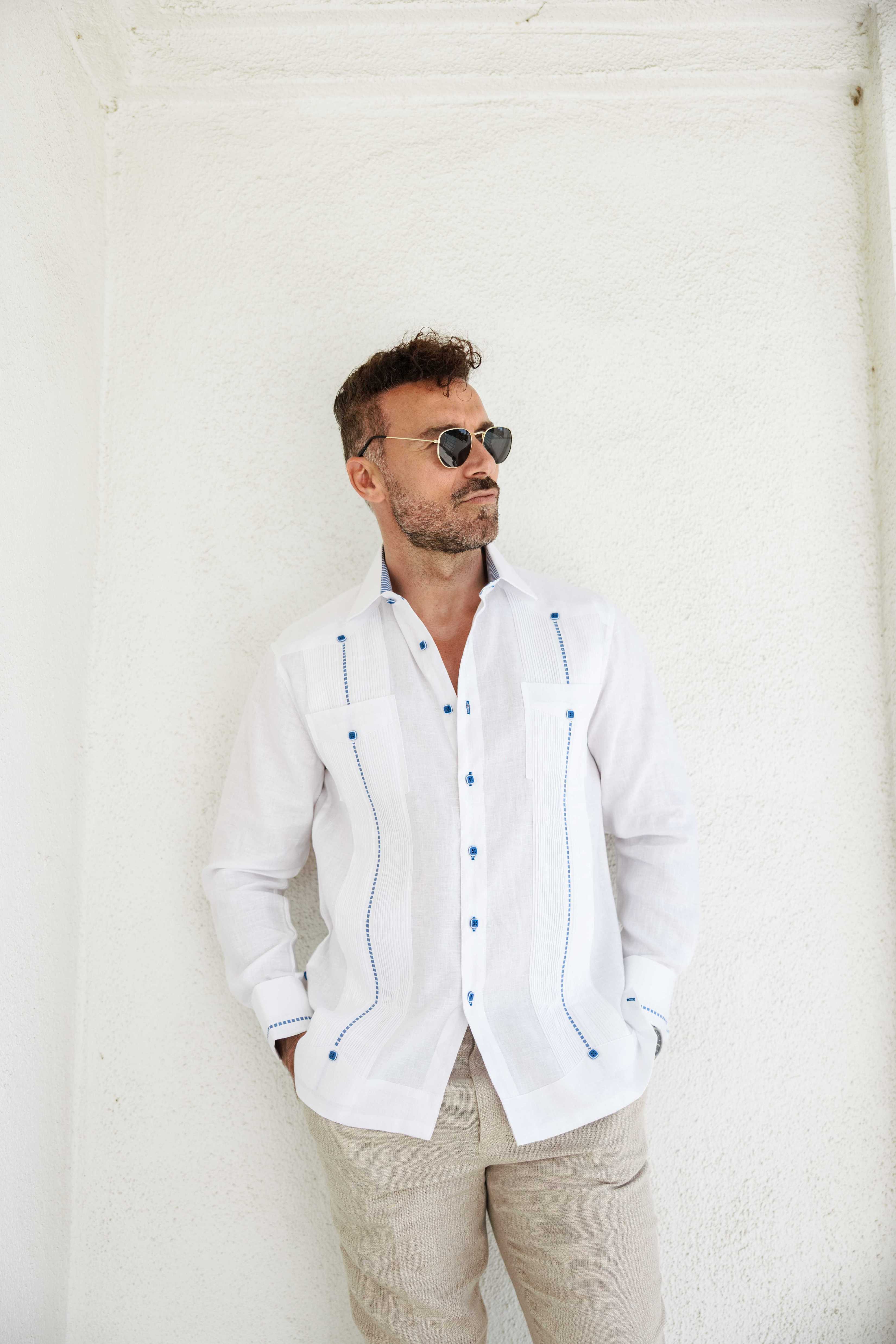 Camisa Guayabera para Hombre 100% Lino con Ribete en Contraste Manga Larga y Puño Francés