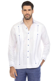 Camisa Guayabera para Hombre 100% Lino con Ribete en Contraste Manga Larga y Puño Francés