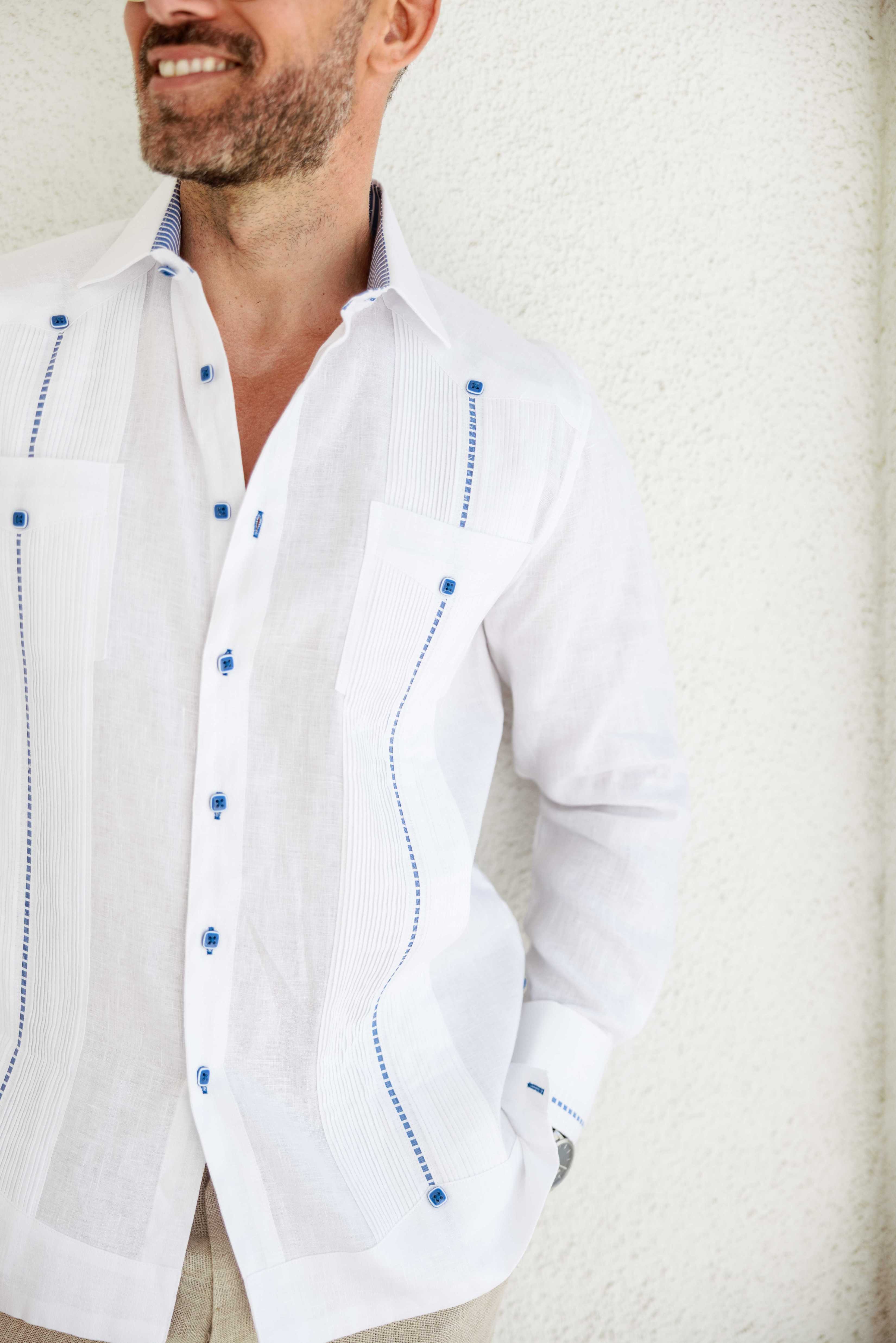 Camisa Guayabera para Hombre 100% Lino con Ribete en Contraste Manga Larga y Puño Francés