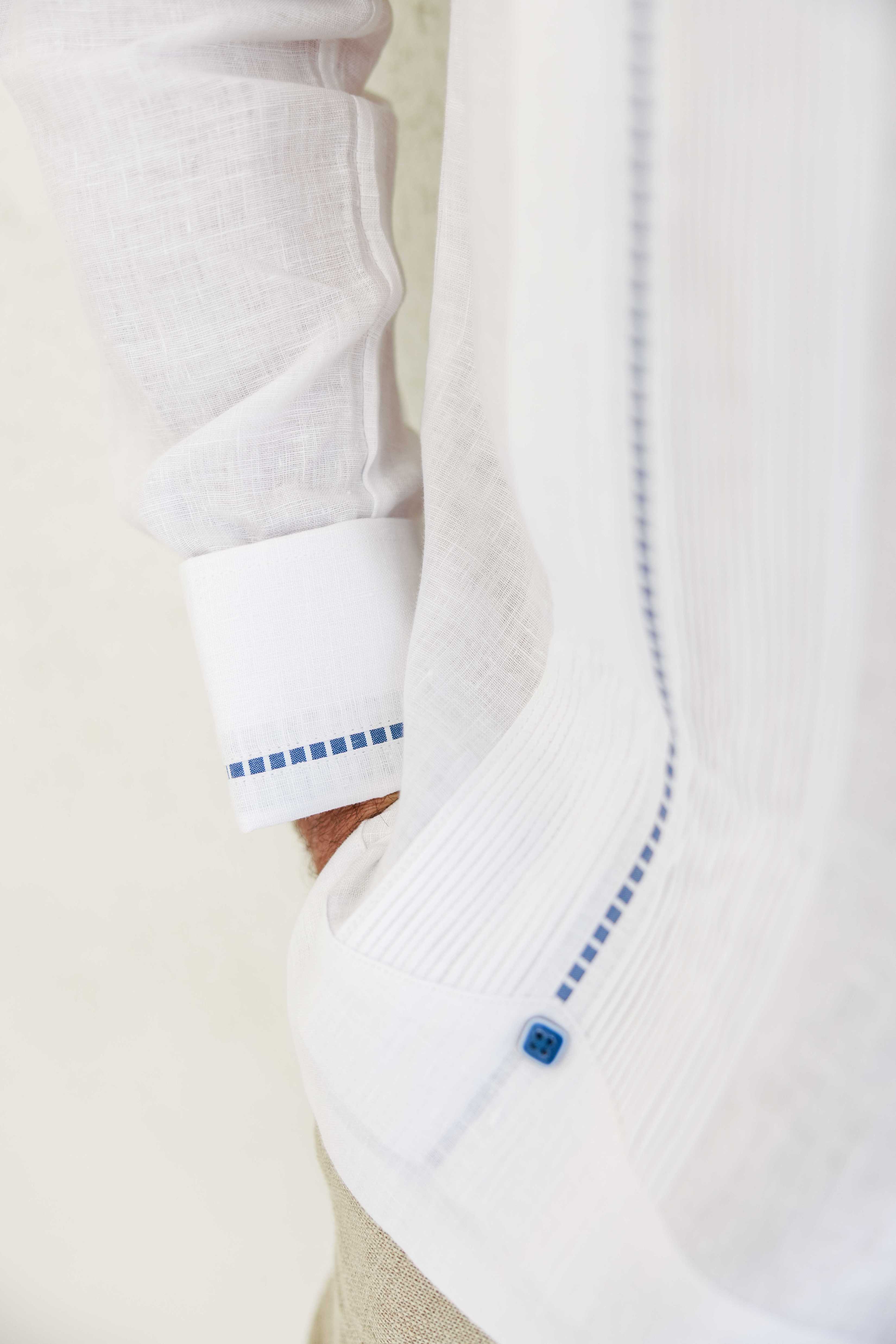 Camisa Guayabera para Hombre 100% Lino con Ribete en Contraste Manga Larga y Puño Francés