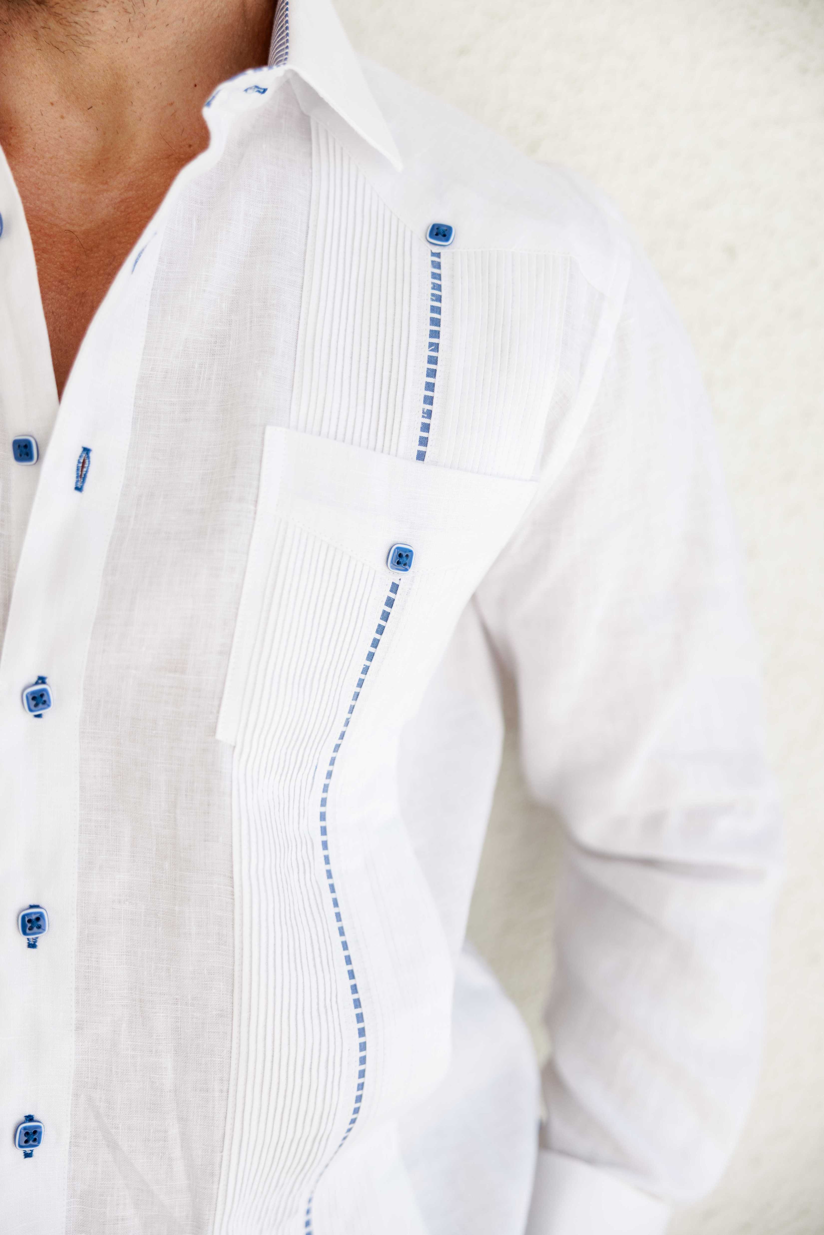 Camisa Guayabera para Hombre 100% Lino con Ribete en Contraste Manga Larga y Puño Francés
