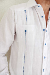 Camisa Guayabera para Hombre 100% Lino con Ribete en Contraste Manga Larga y Puño Francés