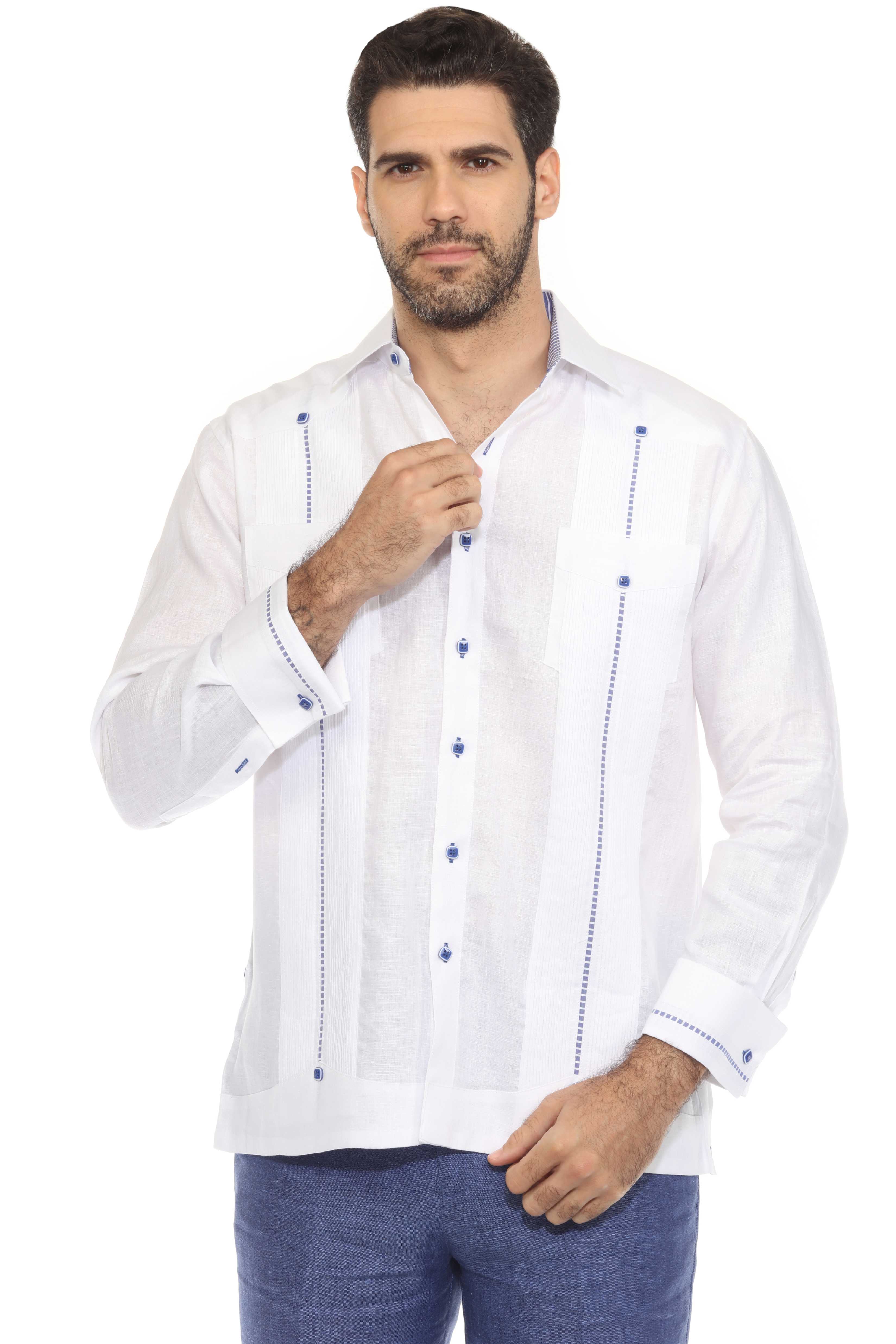 Camisa Guayabera para Hombre 100% Lino con Ribete en Contraste Manga Larga y Puño Francés