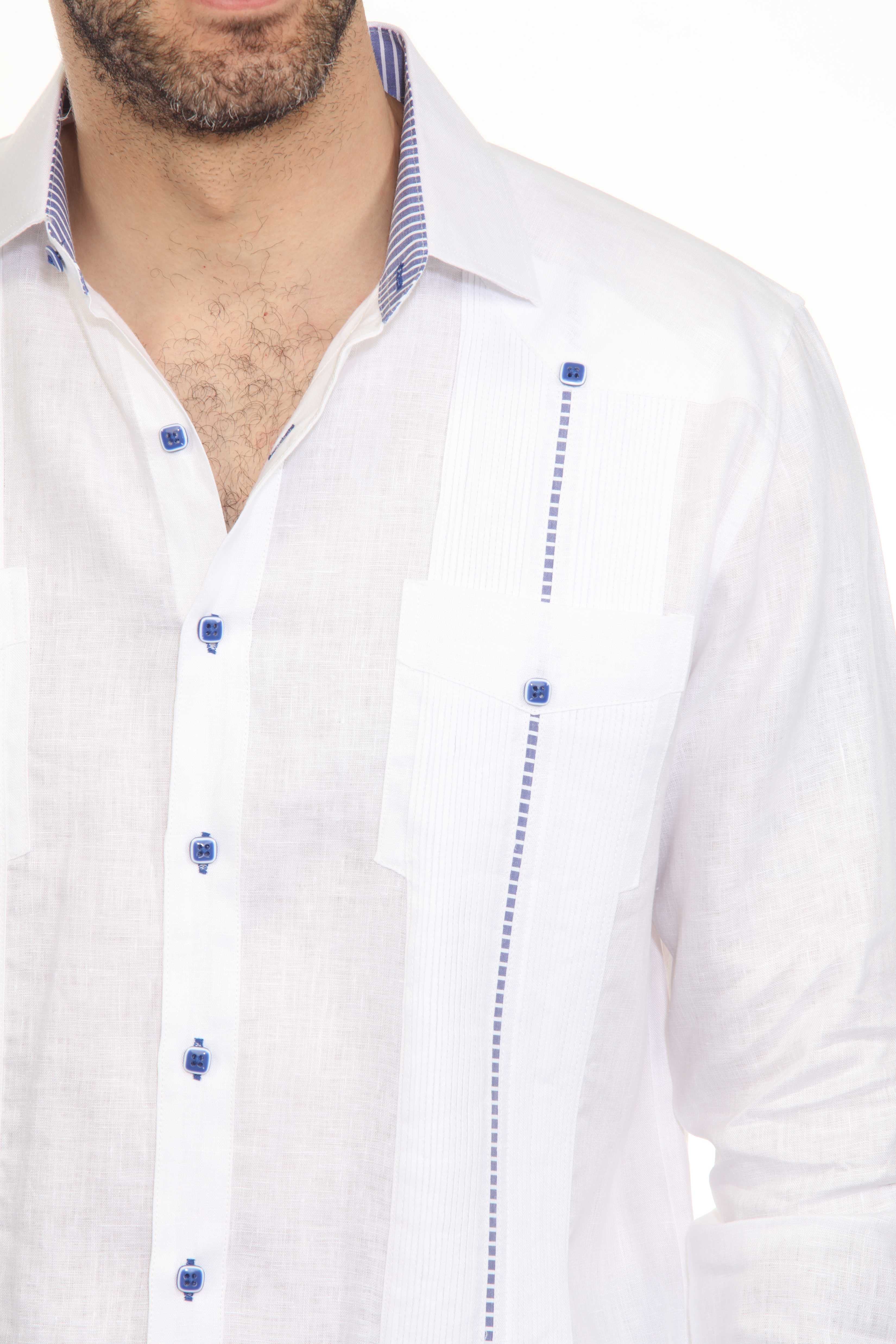 Camisa Guayabera para Hombre 100% Lino con Ribete en Contraste Manga Larga y Puño Francés