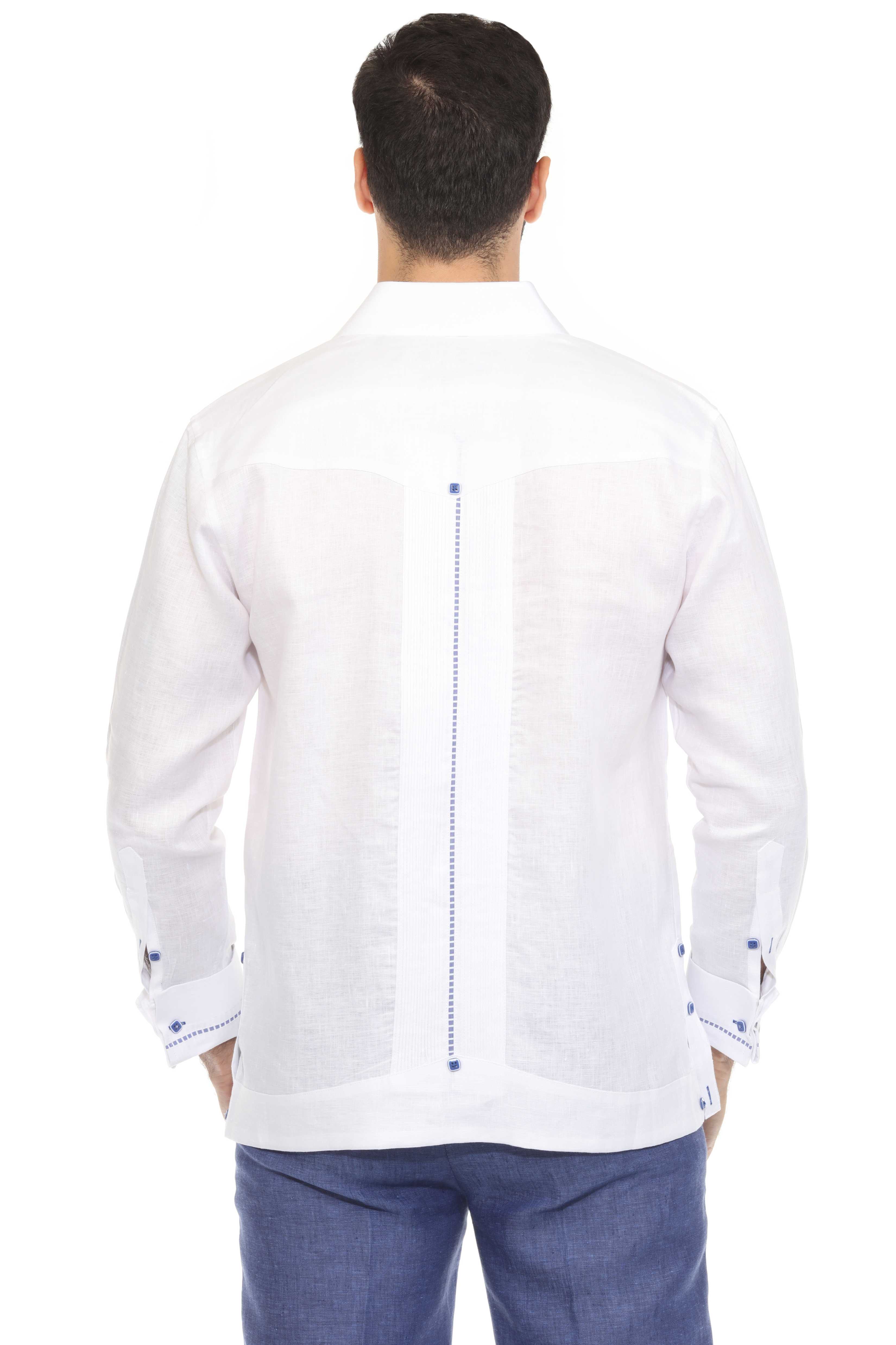 Camisa Guayabera para Hombre 100% Lino con Ribete en Contraste Manga Larga y Puño Francés