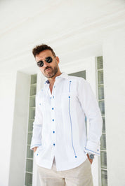 Camisa Guayabera para Hombre 100% Lino con Ribete en Contraste Manga Larga y Puño Francés