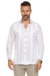 Camisa Guayabera para Hombre 100% Lino con Ribete en Contraste Manga Larga y Puño Francés