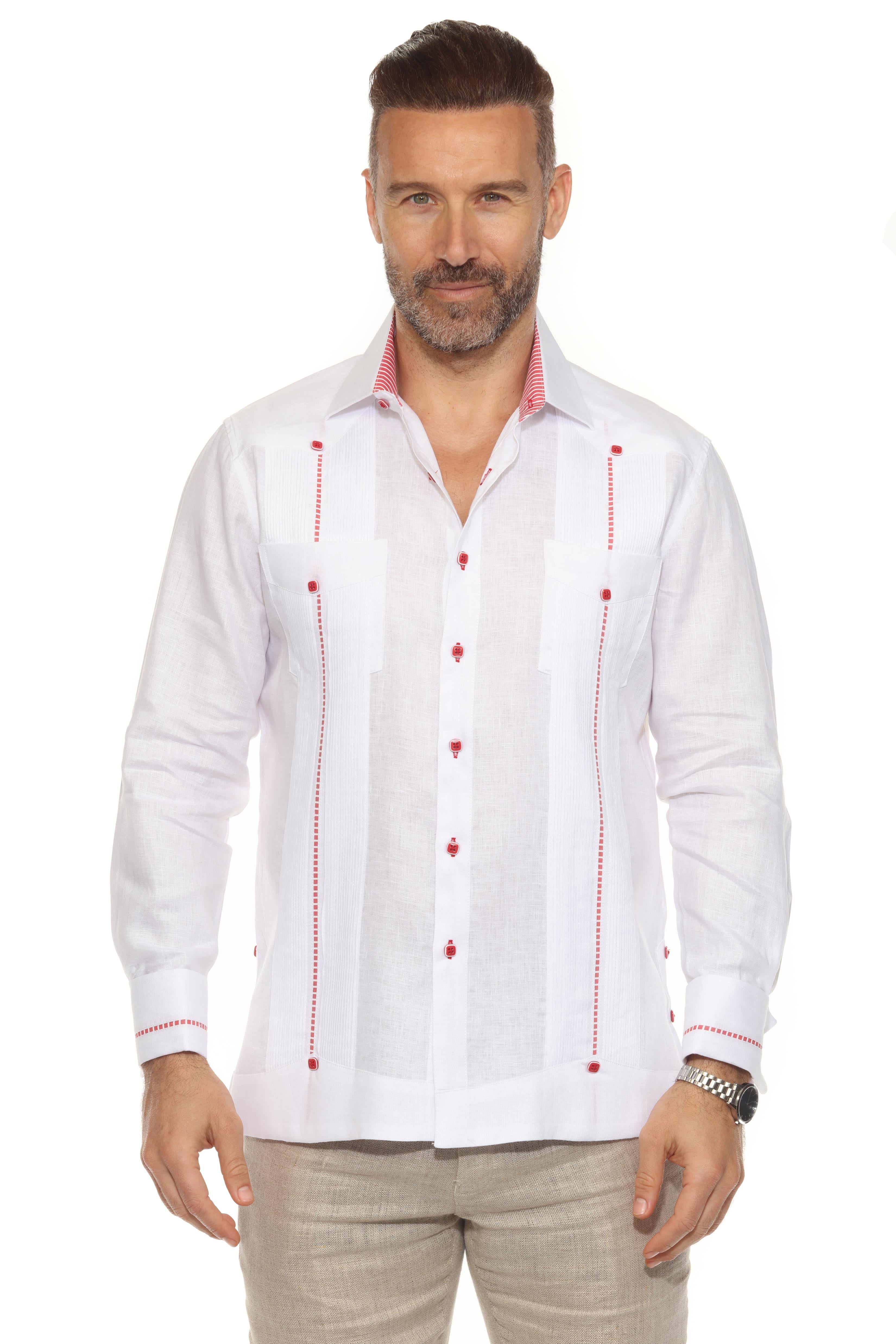 Camisa Guayabera para Hombre 100% Lino con Ribete en Contraste Manga Larga y Puño Francés
