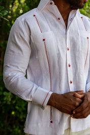 Camisa Guayabera para Hombre 100% Lino con Ribete en Contraste Manga Larga y Puño Francés