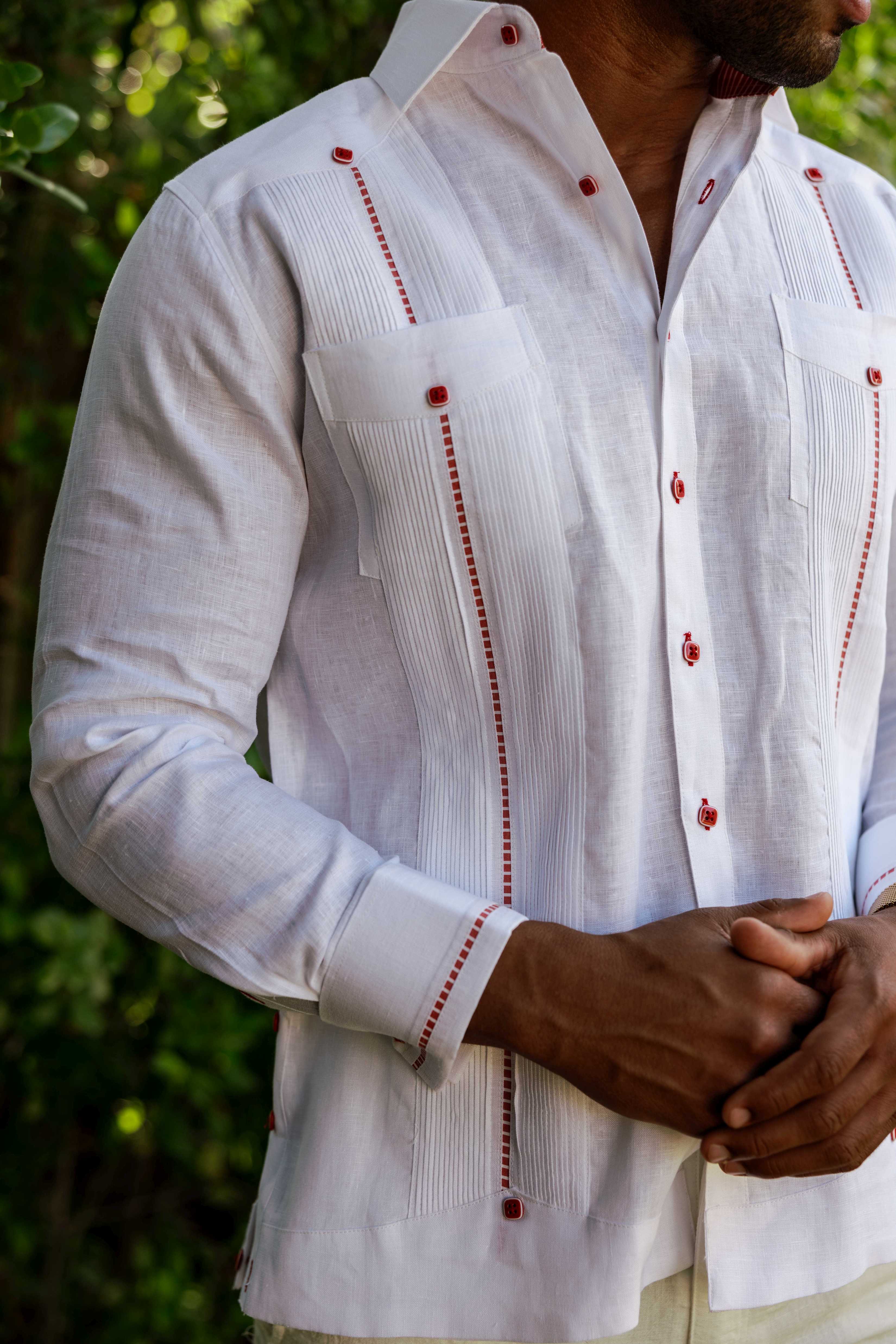Camisa Guayabera para Hombre 100% Lino con Ribete en Contraste Manga Larga y Puño Francés