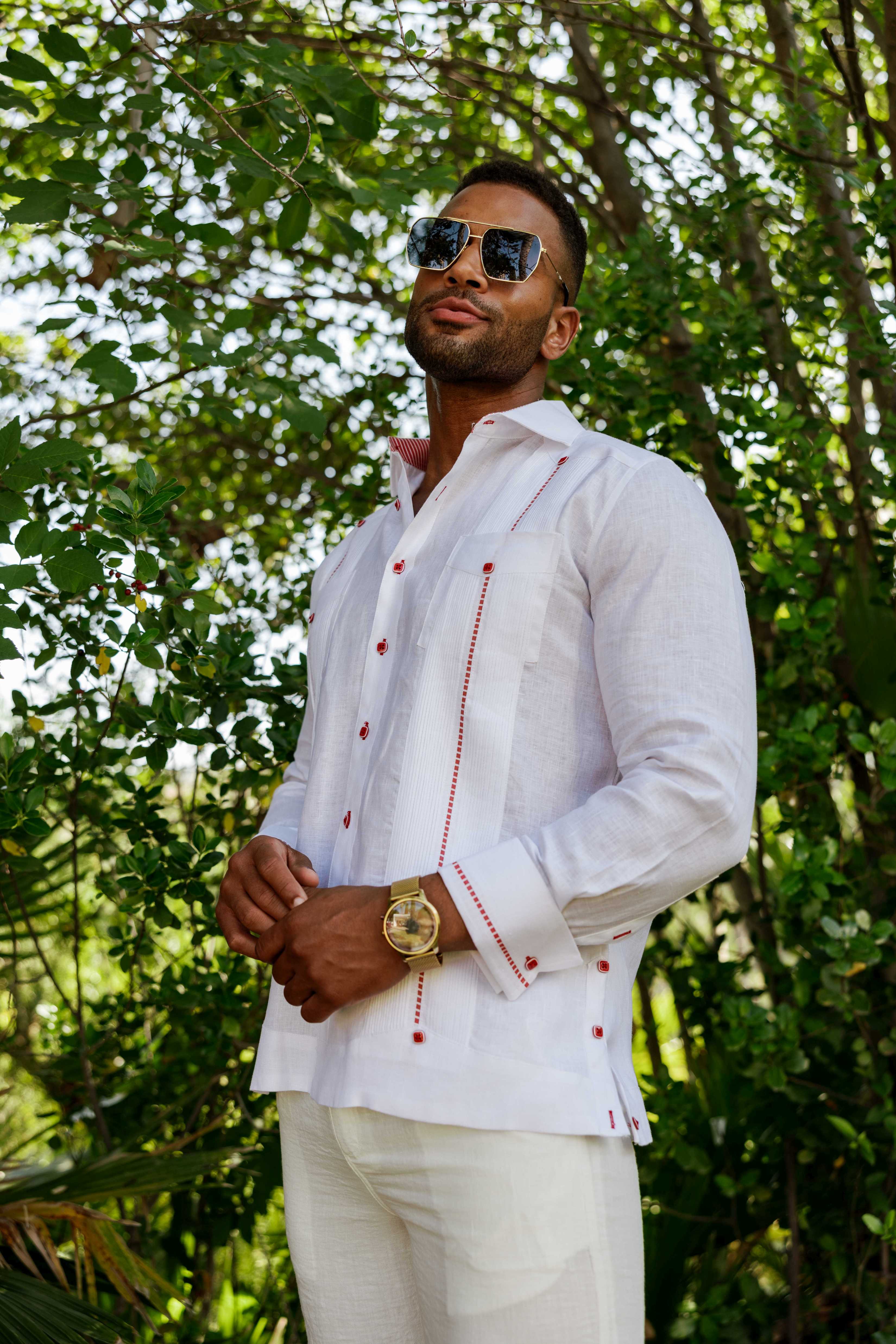 Camisa Guayabera para Hombre 100% Lino con Ribete en Contraste Manga Larga y Puño Francés