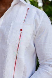 Camisa Guayabera para Hombre 100% Lino con Ribete en Contraste Manga Larga y Puño Francés