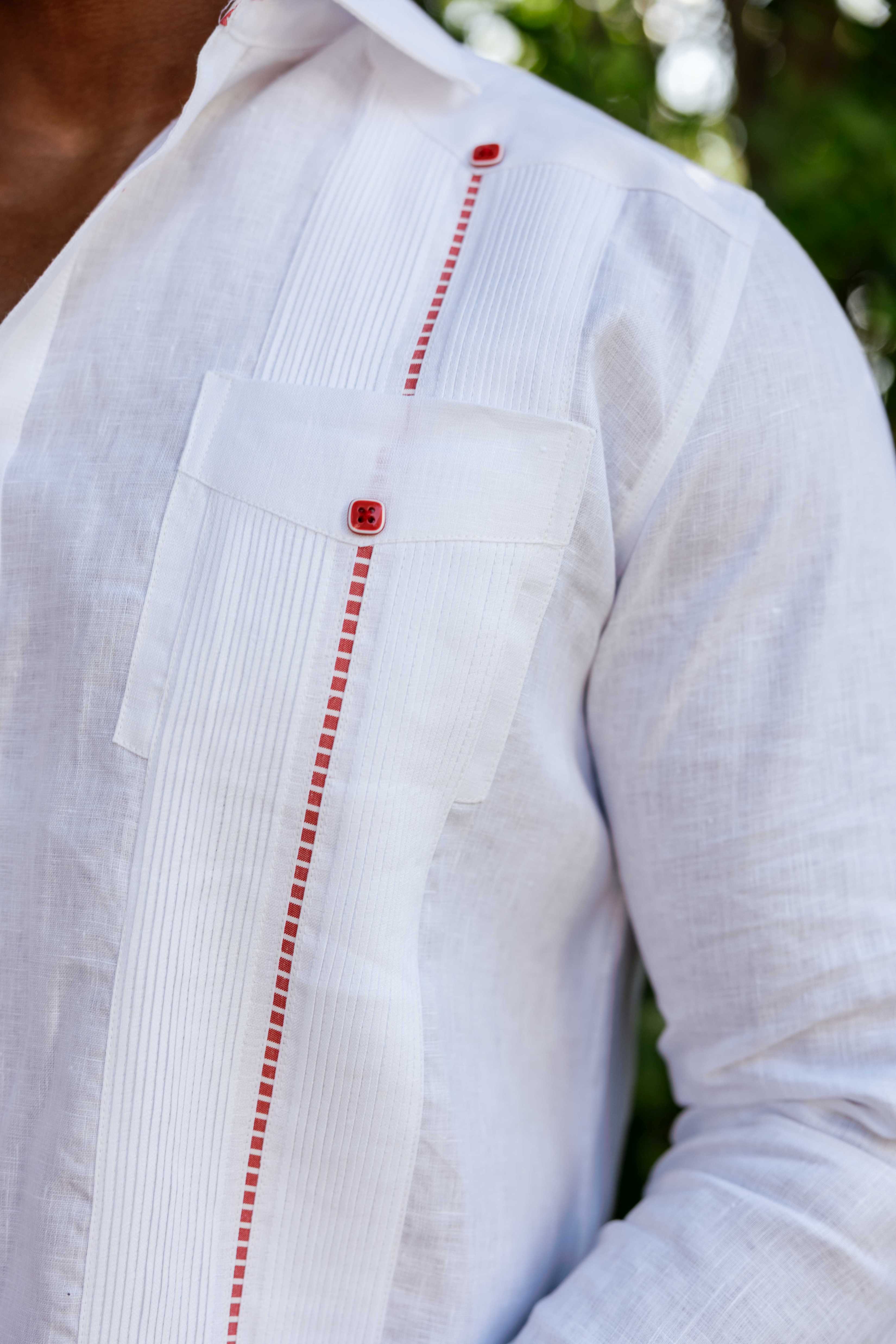 Camisa Guayabera para Hombre 100% Lino con Ribete en Contraste Manga Larga y Puño Francés