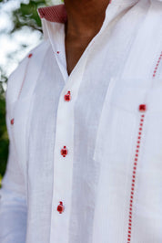 Camisa Guayabera para Hombre 100% Lino con Ribete en Contraste Manga Larga y Puño Francés