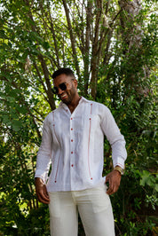 Camisa Guayabera para Hombre 100% Lino con Ribete en Contraste Manga Larga y Puño Francés