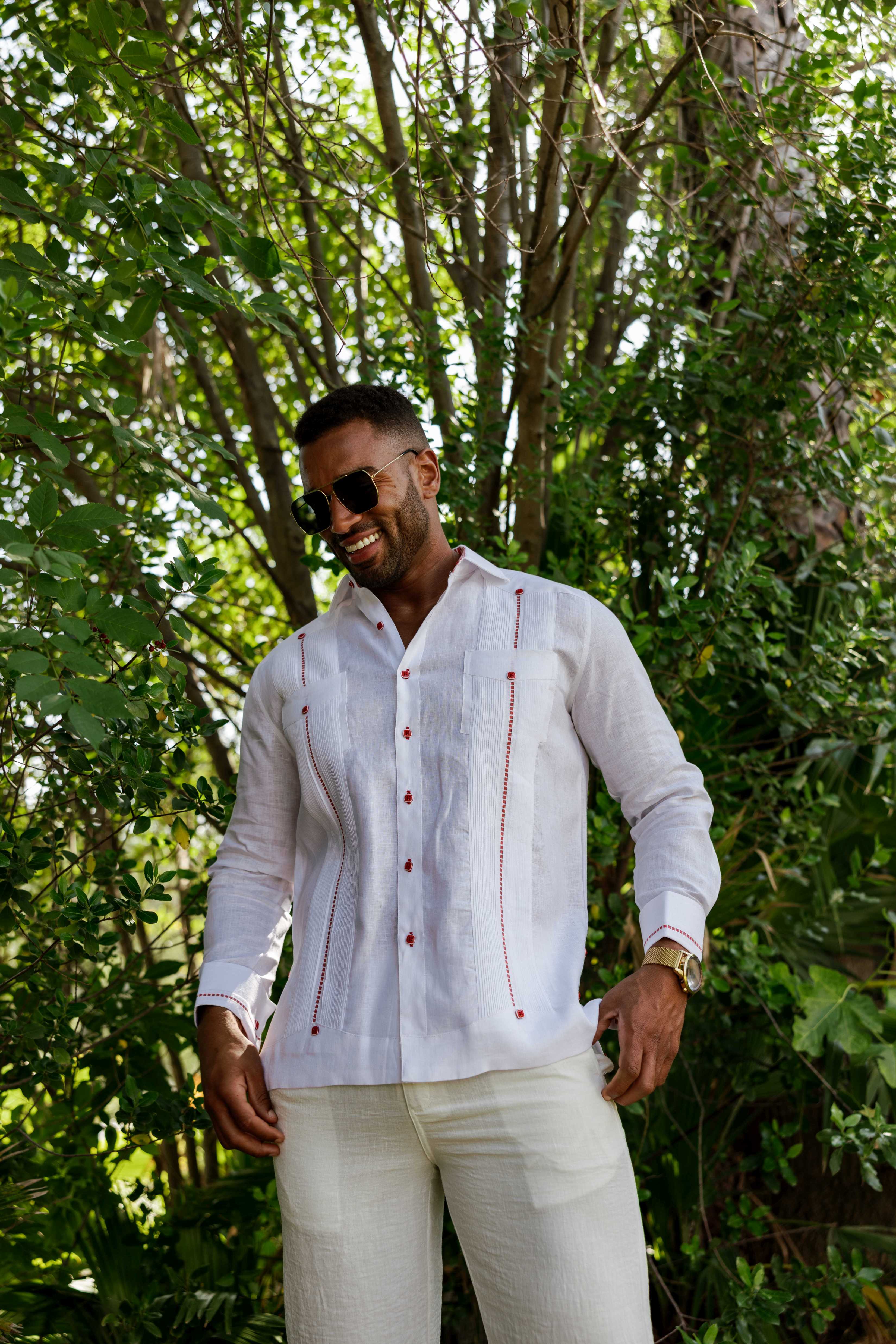 Camisa Guayabera para Hombre 100% Lino con Ribete en Contraste Manga Larga y Puño Francés