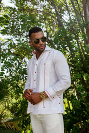 Camisa Guayabera para Hombre 100% Lino con Ribete en Contraste Manga Larga y Puño Francés