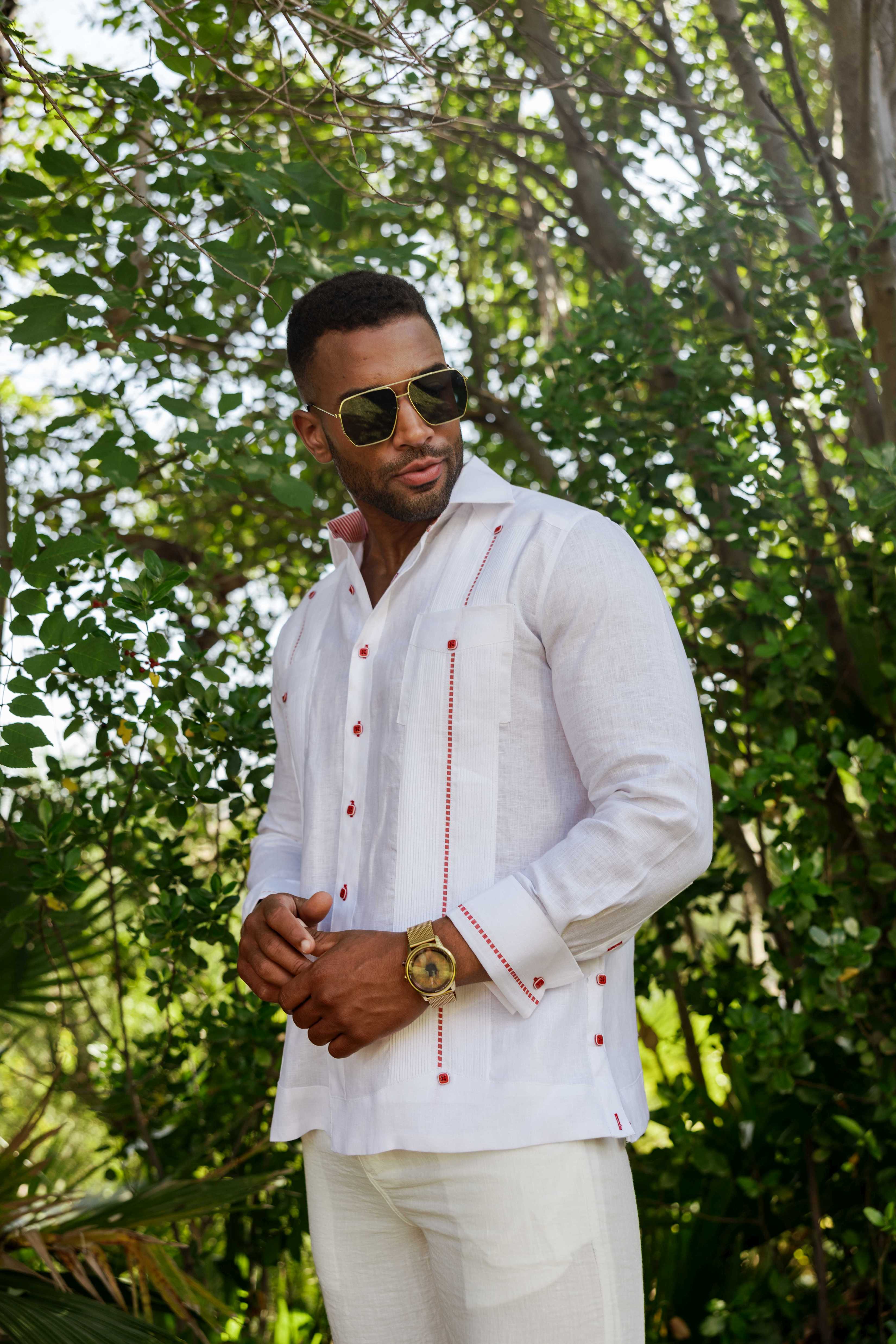 Camisa Guayabera para Hombre 100% Lino con Ribete en Contraste Manga Larga y Puño Francés