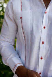 Camisa Guayabera para Hombre 100% Lino con Ribete en Contraste Manga Larga y Puño Francés