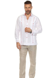 Camisa Guayabera para Hombre 100% Lino con Ribete en Contraste Manga Larga y Puño Francés