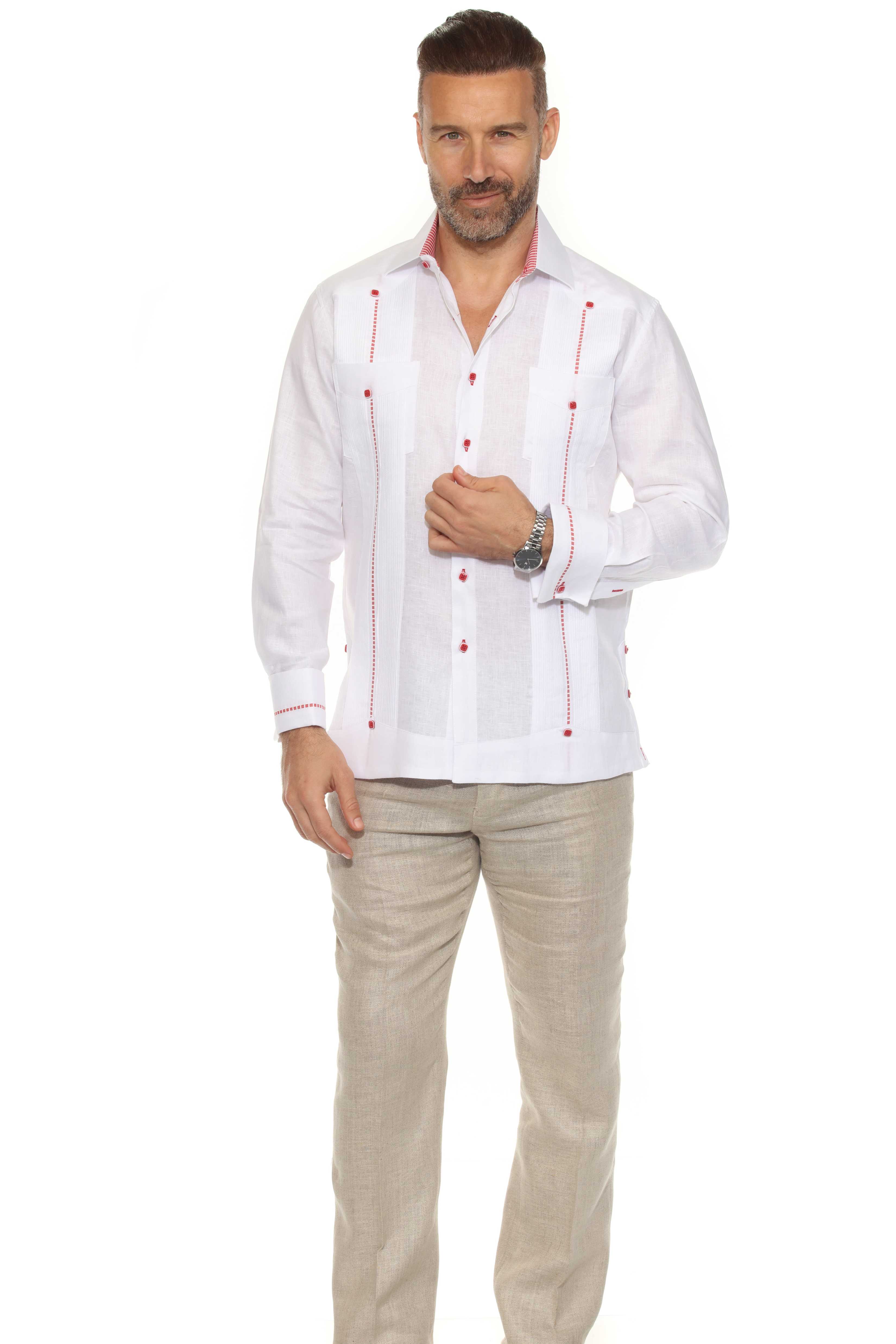 Camisa Guayabera para Hombre 100% Lino con Ribete en Contraste Manga Larga y Puño Francés