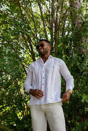 Camisa Guayabera para Hombre 100% Lino con Ribete en Contraste Manga Larga y Puño Francés