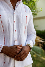 Camisa Guayabera para Hombre 100% Lino con Ribete en Contraste Manga Larga y Puño Francés