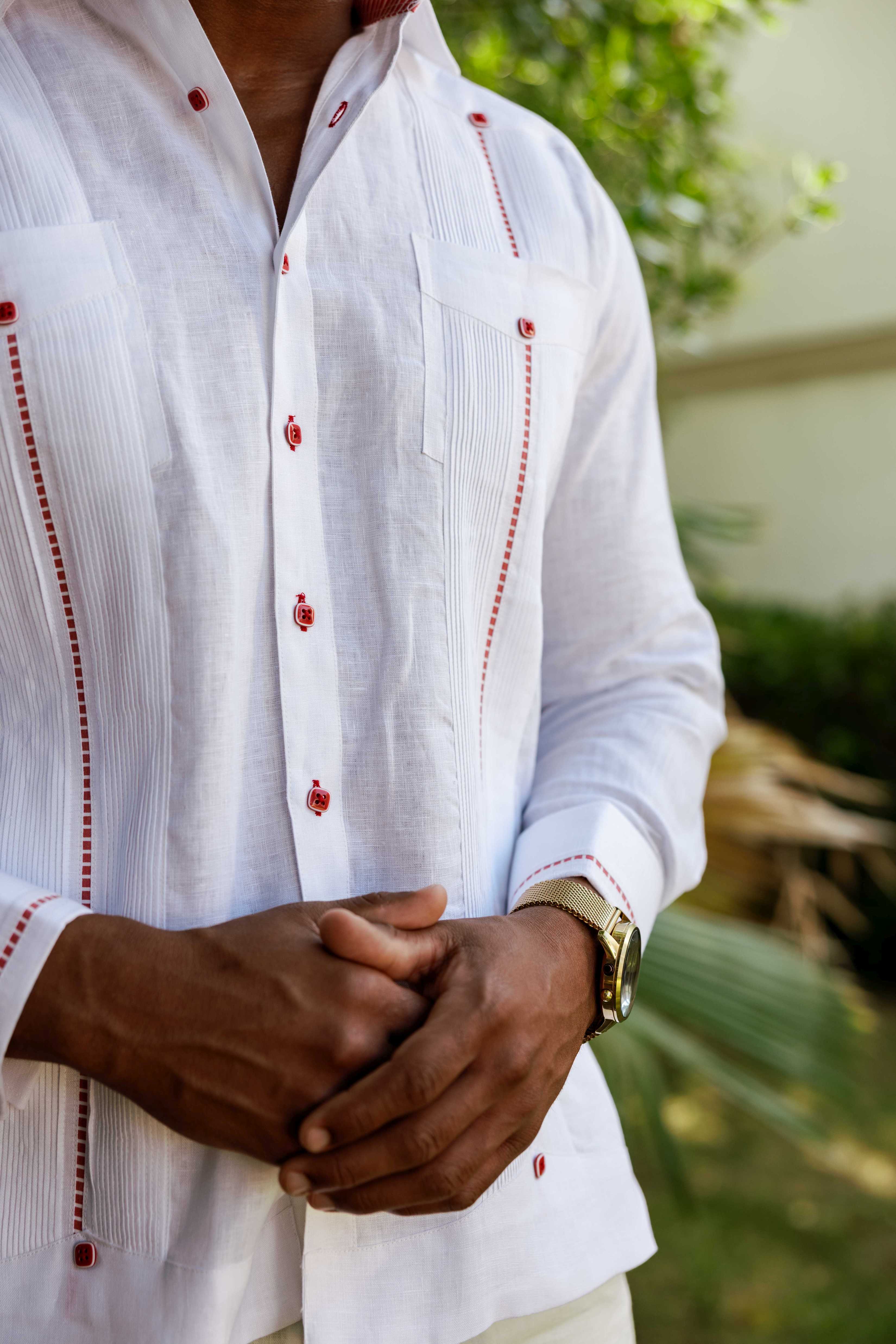 Camisa Guayabera para Hombre 100% Lino con Ribete en Contraste Manga Larga y Puño Francés