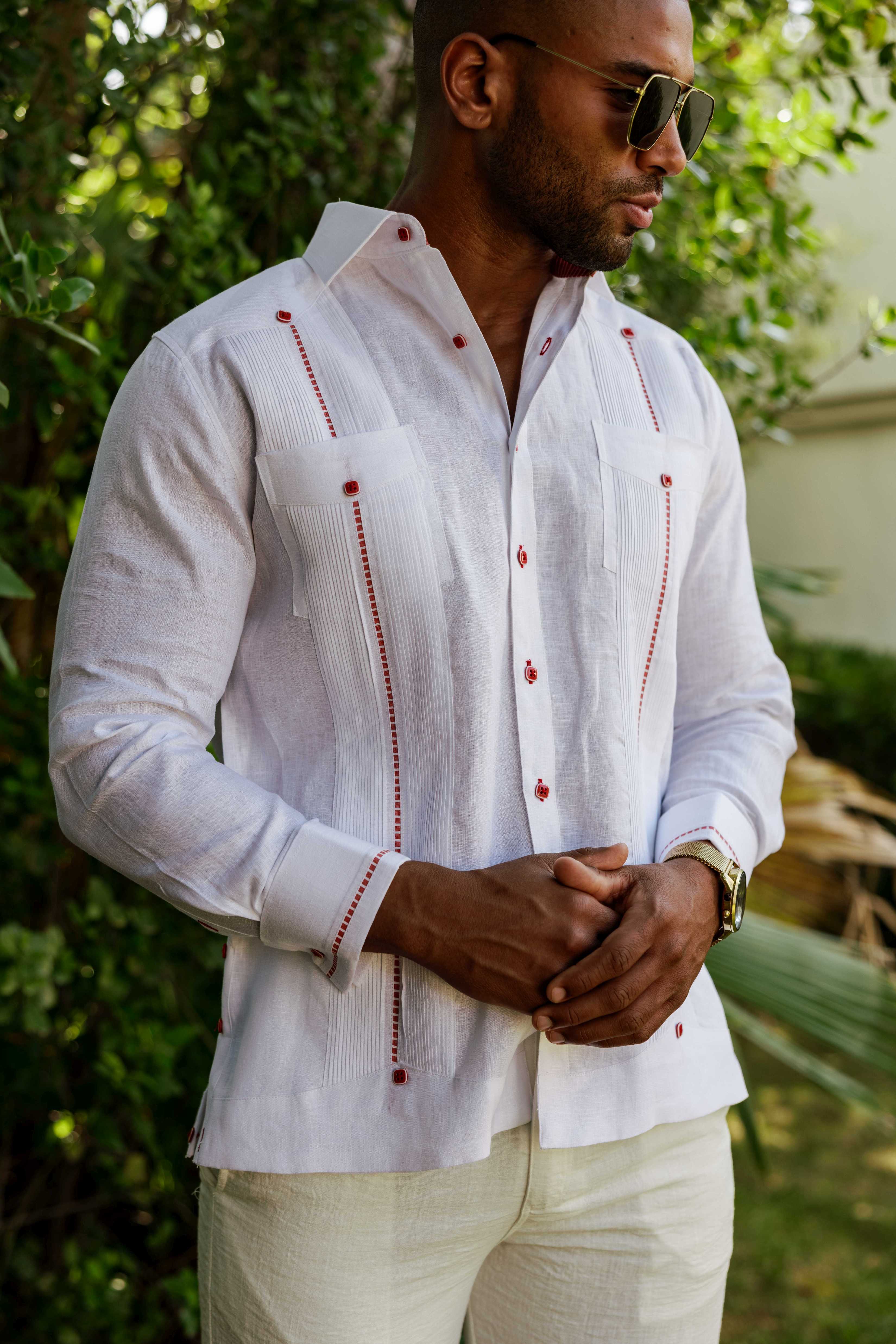 Camisa Guayabera para Hombre 100% Lino con Ribete en Contraste Manga Larga y Puño Francés