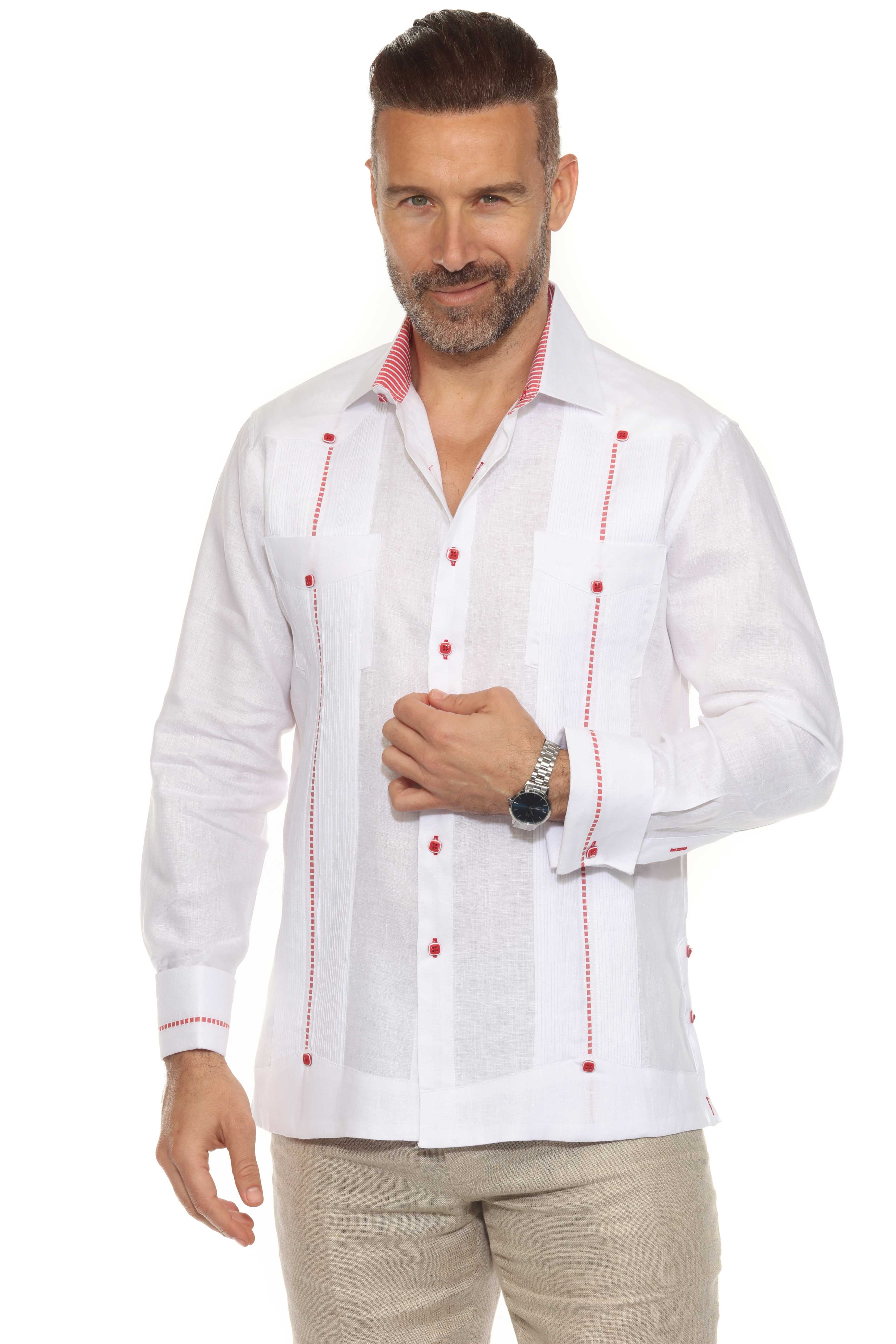 Men's Guayabera Shirt 100% Linen with Contrast Trim Long Sleeve and French Cuff