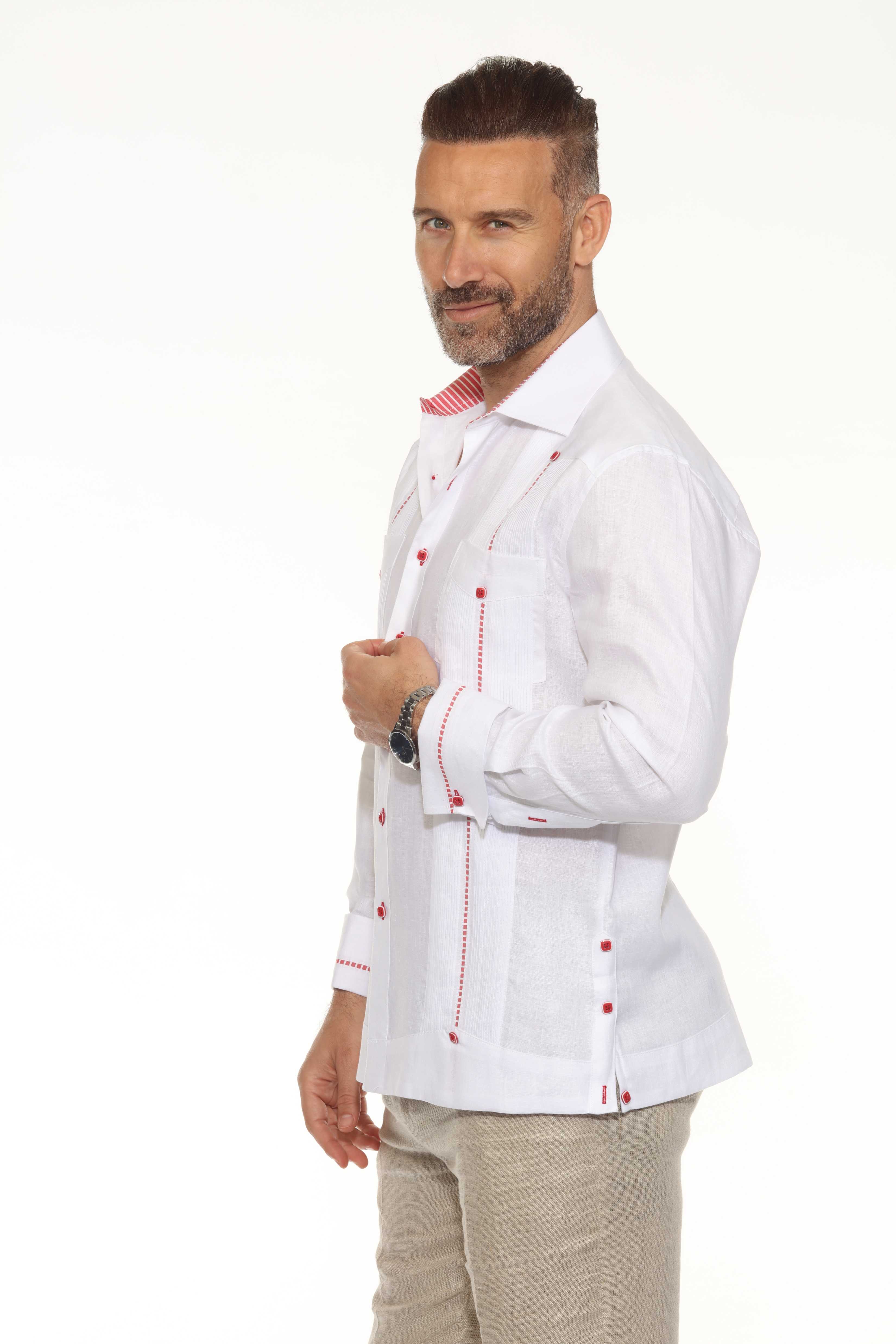 Camisa Guayabera para Hombre 100% Lino con Ribete en Contraste Manga Larga y Puño Francés