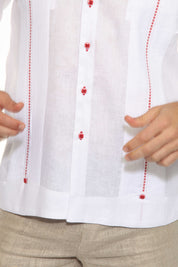 Camisa Guayabera para Hombre 100% Lino con Ribete en Contraste Manga Larga y Puño Francés