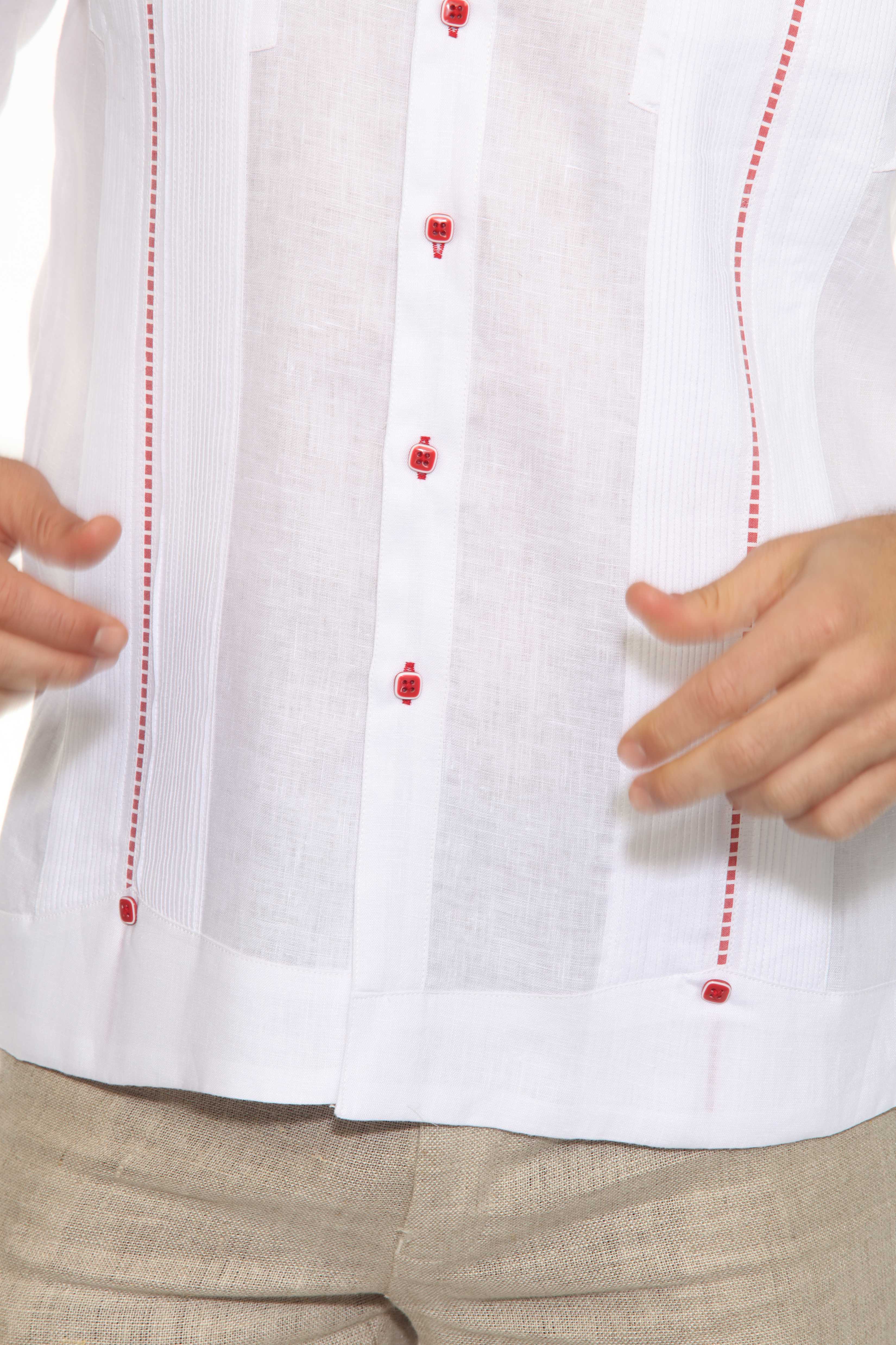Camisa Guayabera para Hombre 100% Lino con Ribete en Contraste Manga Larga y Puño Francés
