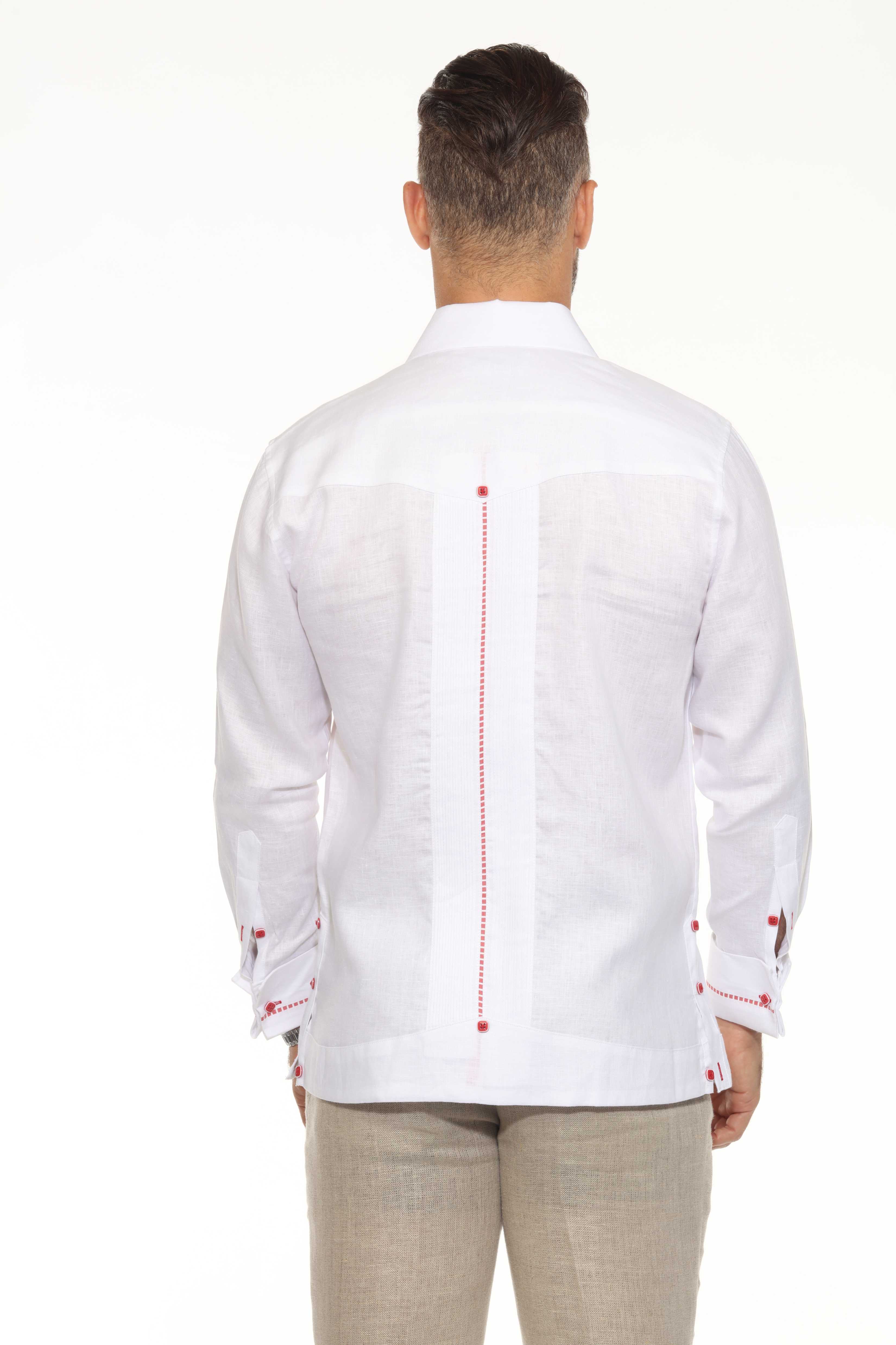 Camisa Guayabera para Hombre 100% Lino con Ribete en Contraste Manga Larga y Puño Francés