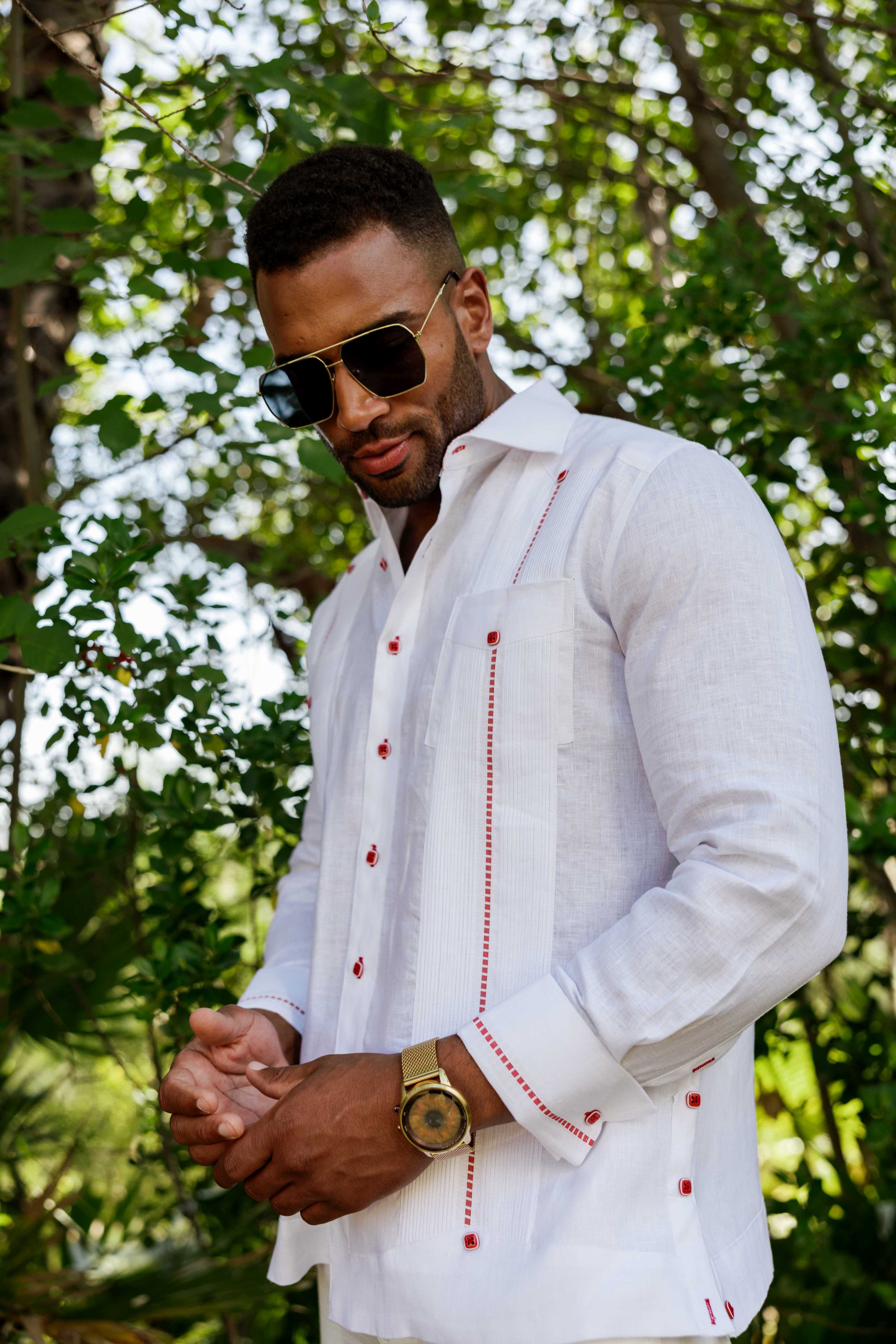 Camisa Guayabera para Hombre 100% Lino con Ribete en Contraste Manga Larga y Puño Francés