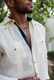 Men's 100% Linen Guayabera Shirt Long Sleeve with Contrast Trim & Modern Pleats