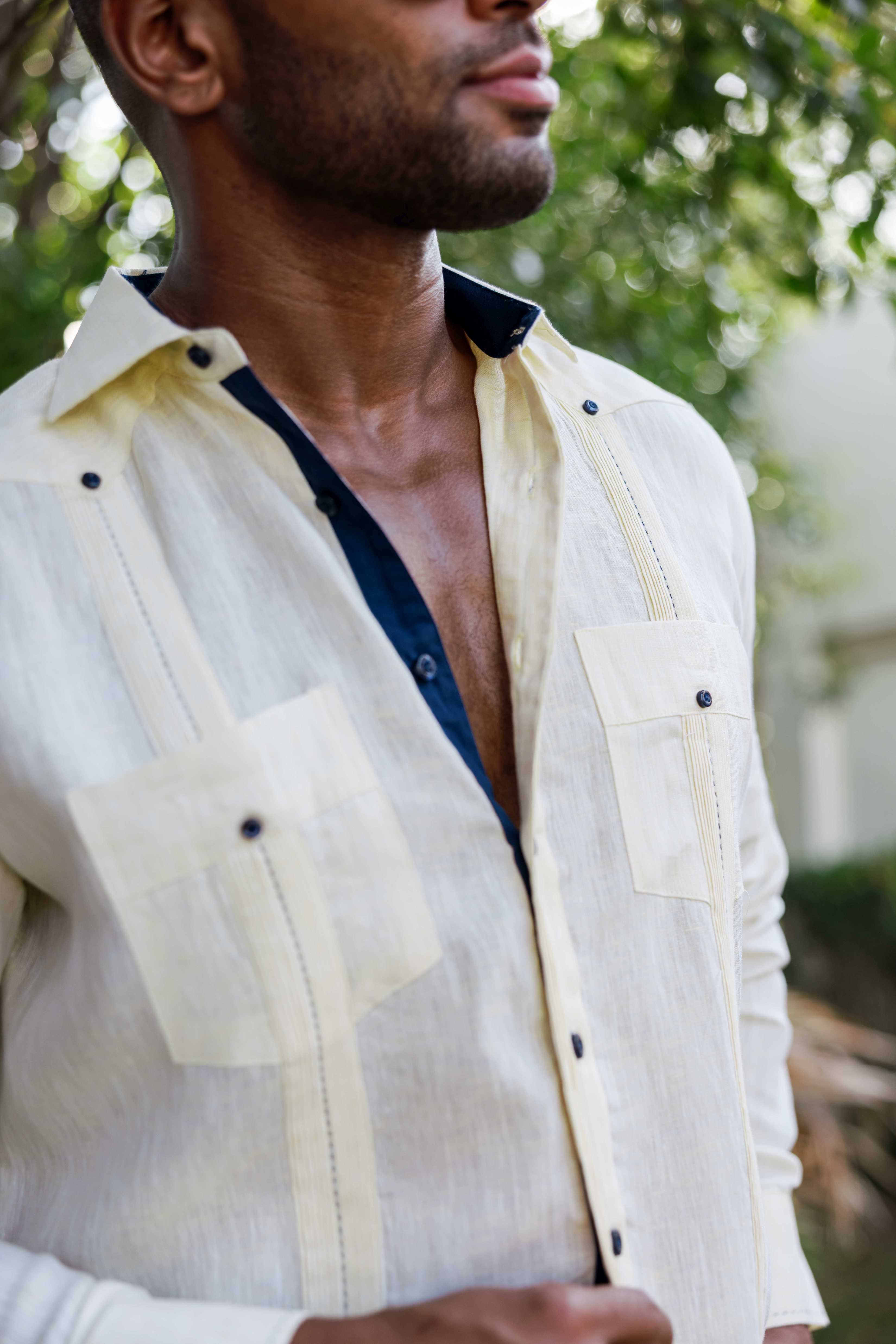 Men's 100% Linen Guayabera Shirt Long Sleeve with Contrast Trim & Modern Pleats
