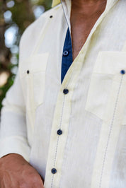 Men's 100% Linen Guayabera Shirt Long Sleeve with Contrast Trim & Modern Pleats