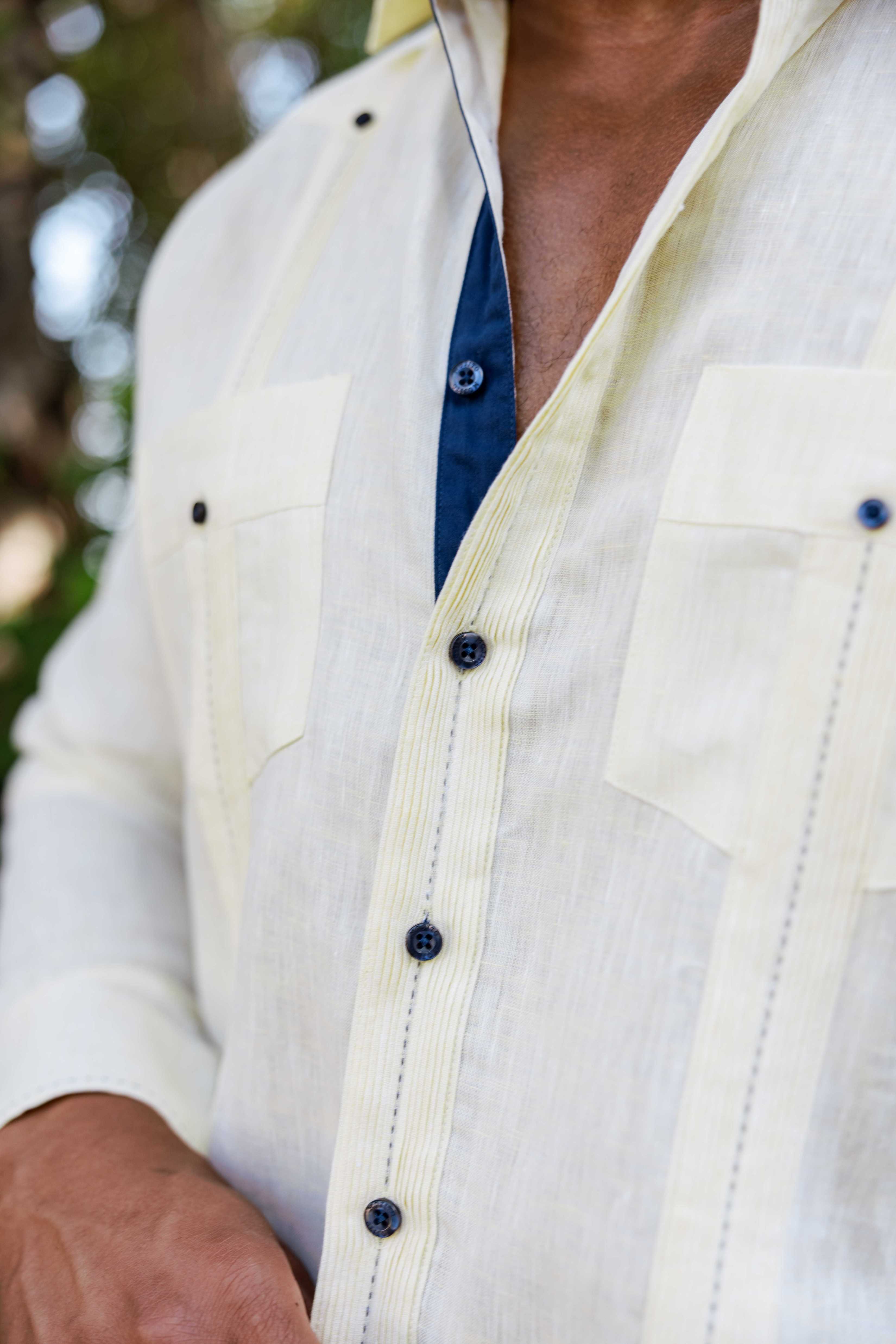 Men's 100% Linen Guayabera Shirt Long Sleeve with Contrast Trim & Modern Pleats